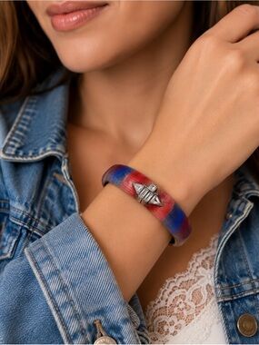 Alexis Bittar Lucite Crystal Hinged Bangle Bracelet Art Deco Red Blue Statement